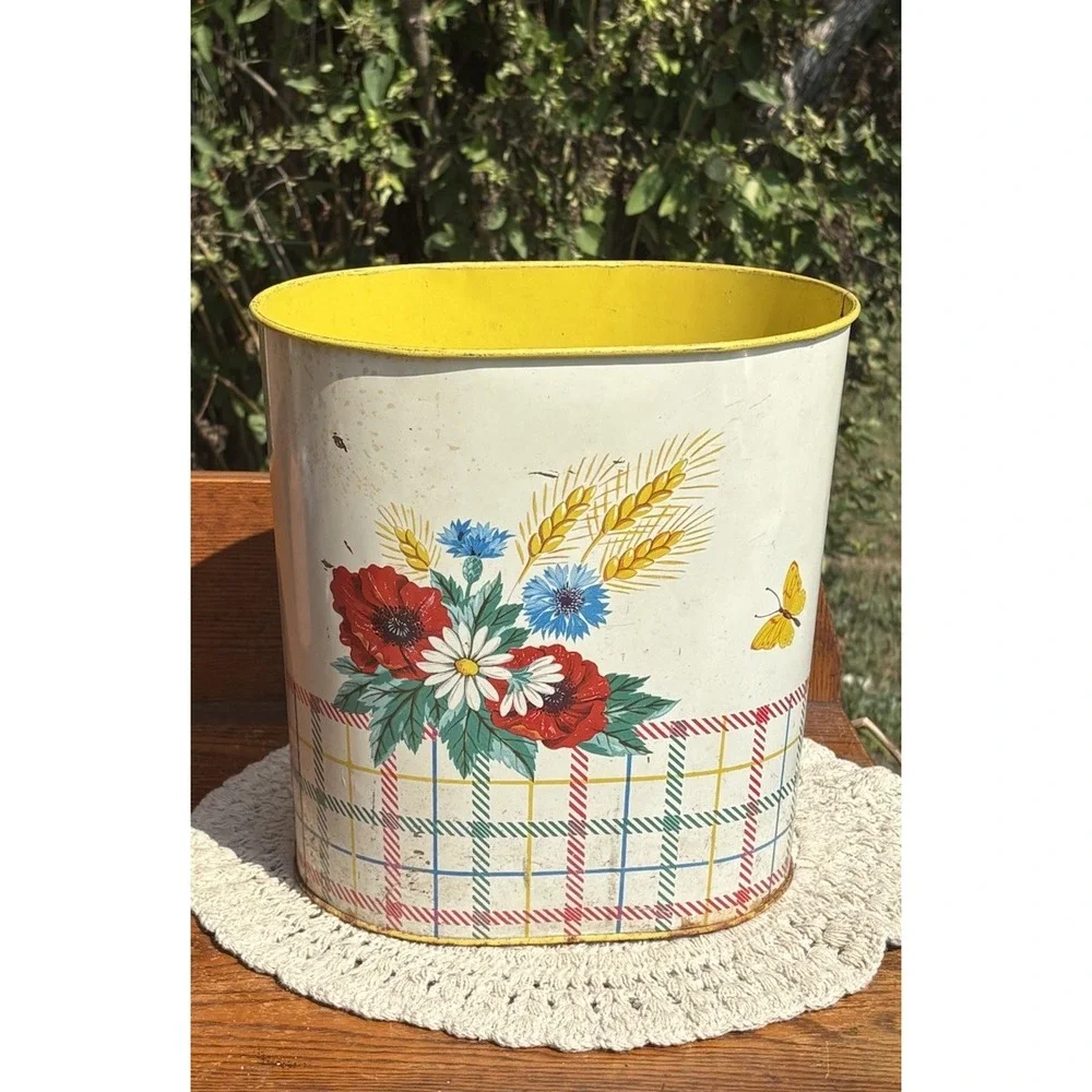 Vtg Mid Century Metal Trash Can Waste Basket Yellow Red White Floral Plaid 11.5